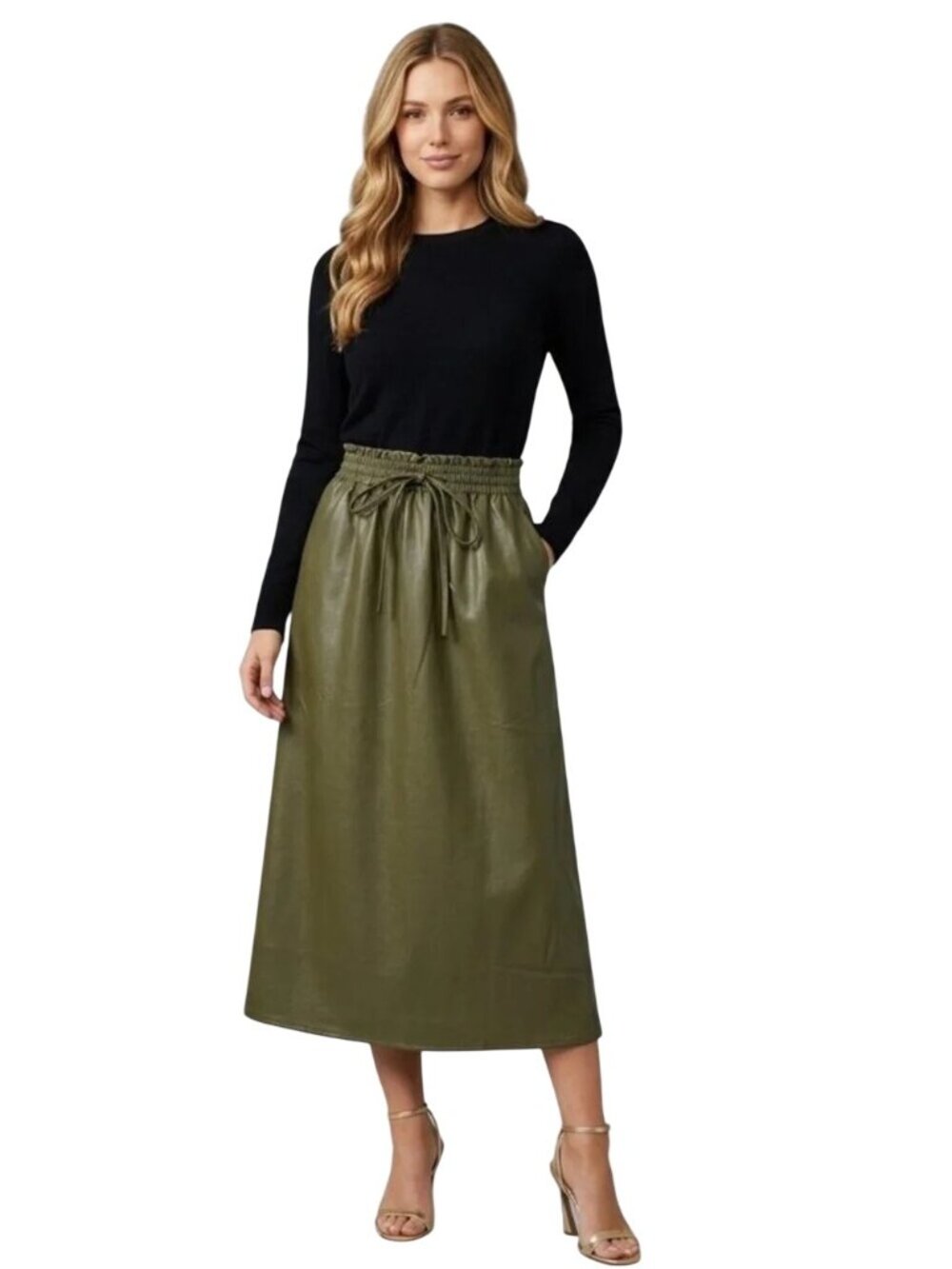 Tuckernuck Faux Leather CeCe Midi Skirt in Olive Green Small New Womens
